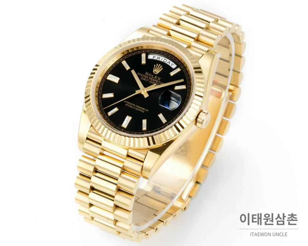 롤렉스 데이데이트 스틸 골드톤 프레지던트 브레이슬릿 데이데이트 오토매틱 40mm 블랙 다이얼