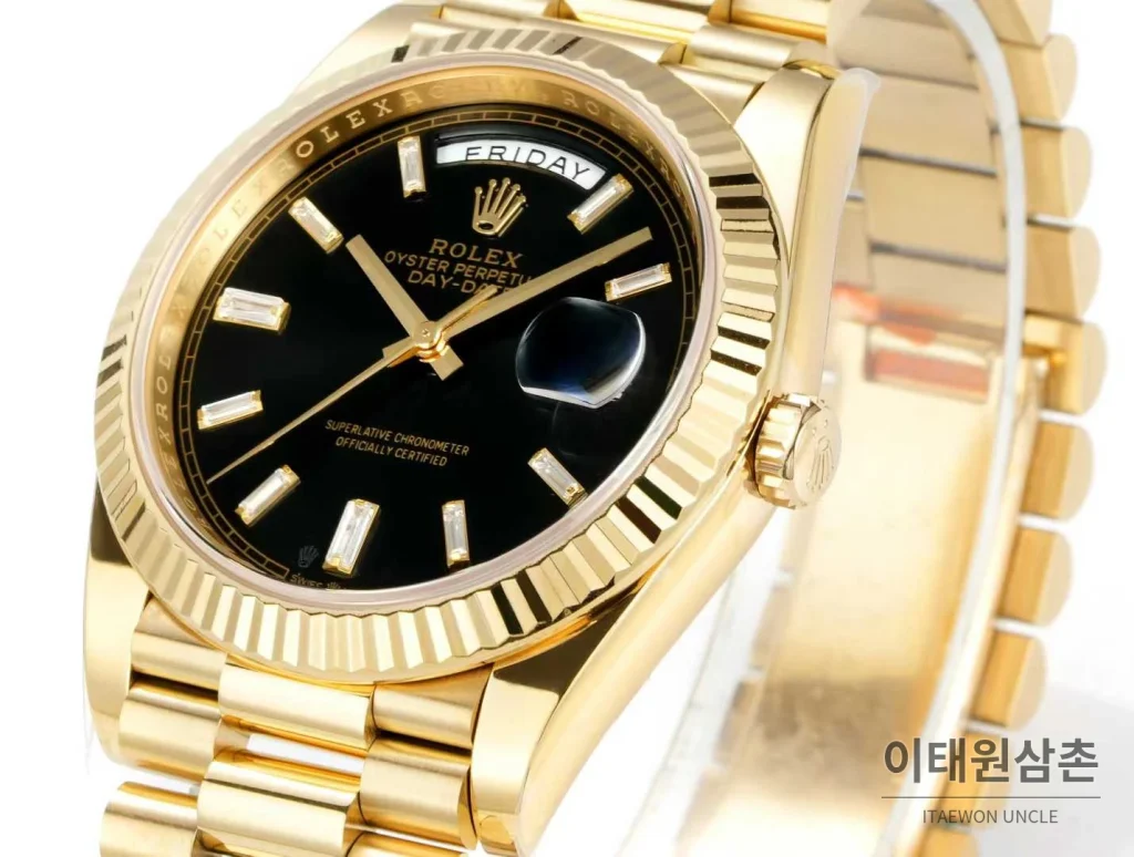 롤렉스 데이데이트 스틸 골드톤 프레지던트 브레이슬릿 데이데이트 오토매틱 40mm 블랙 다이얼