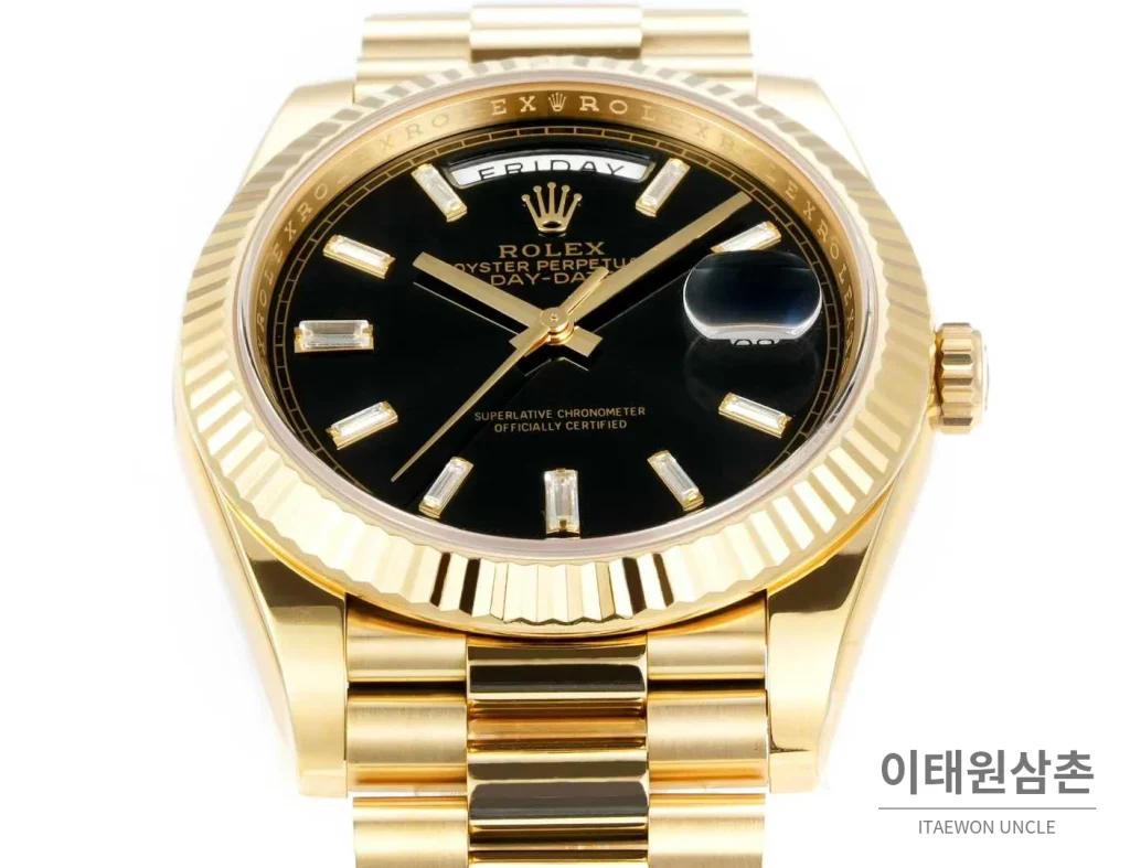 롤렉스 데이데이트 스틸 골드톤 프레지던트 브레이슬릿 데이데이트 오토매틱 40mm 블랙 다이얼