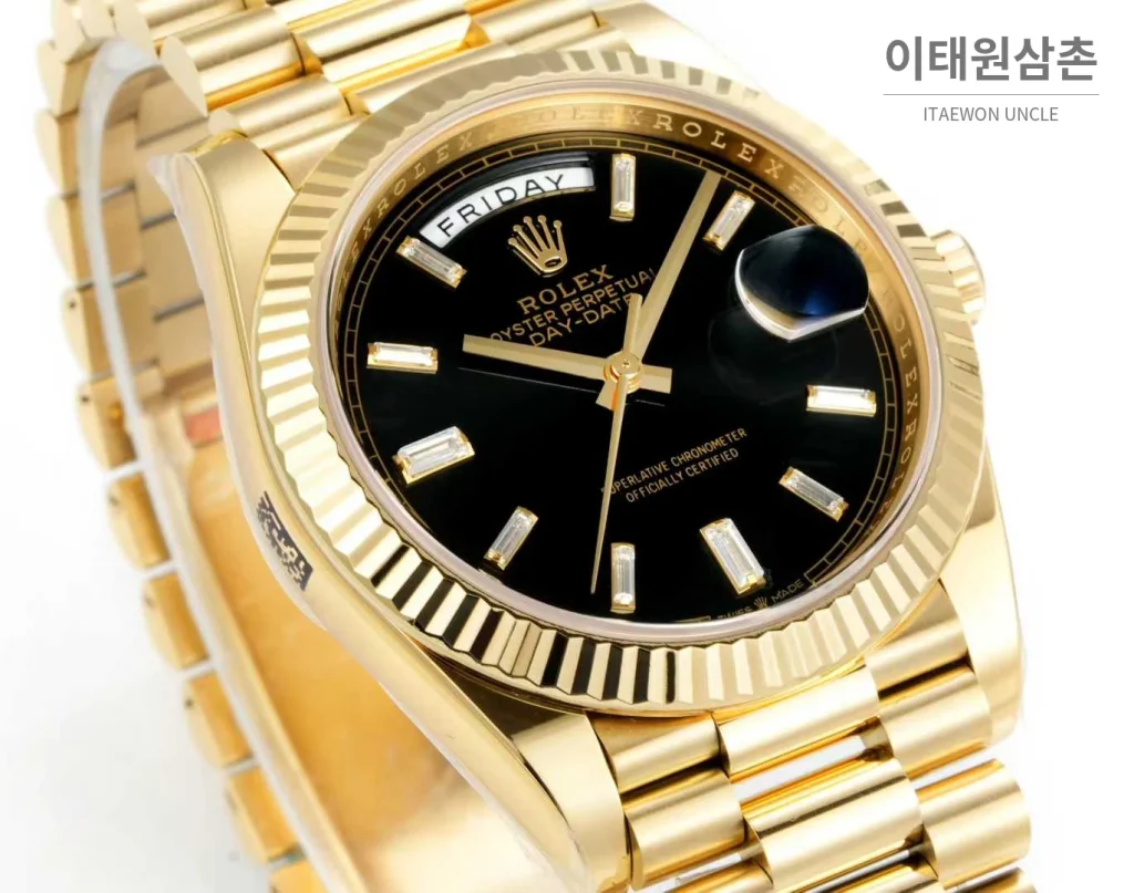 롤렉스 데이데이트 스틸 골드톤 프레지던트 브레이슬릿 데이데이트 오토매틱 40mm 블랙 다이얼