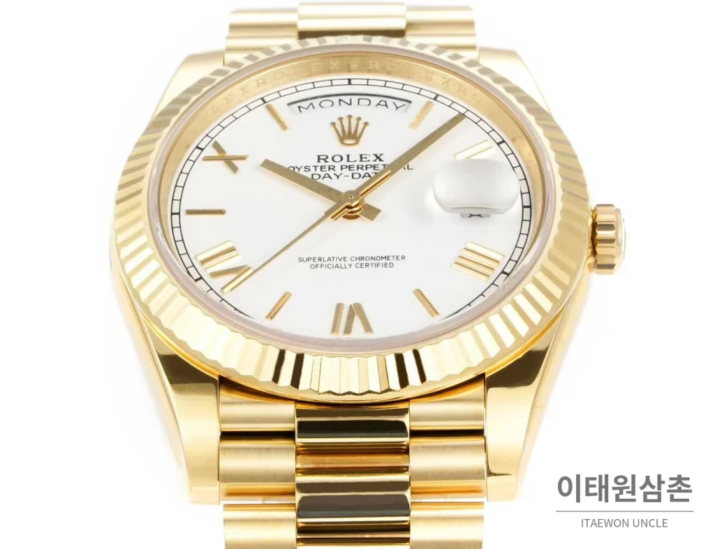 롤렉스 데이데이트 스틸 골드톤 프레지던트 브레이슬릿 데이데이트 오토매틱 40mm 화이트 다이얼