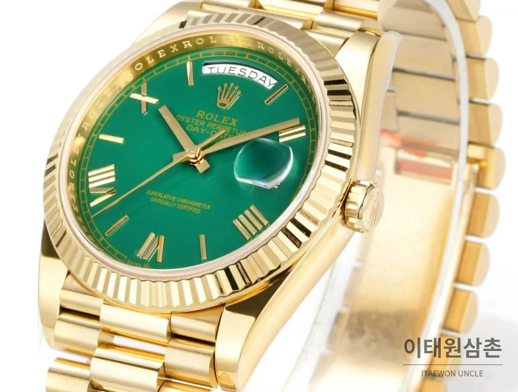 롤렉스 데이데이트 스틸 골드톤 프레지던트 브레이슬릿 데이데이트 오토매틱 40mm 그린 다이얼