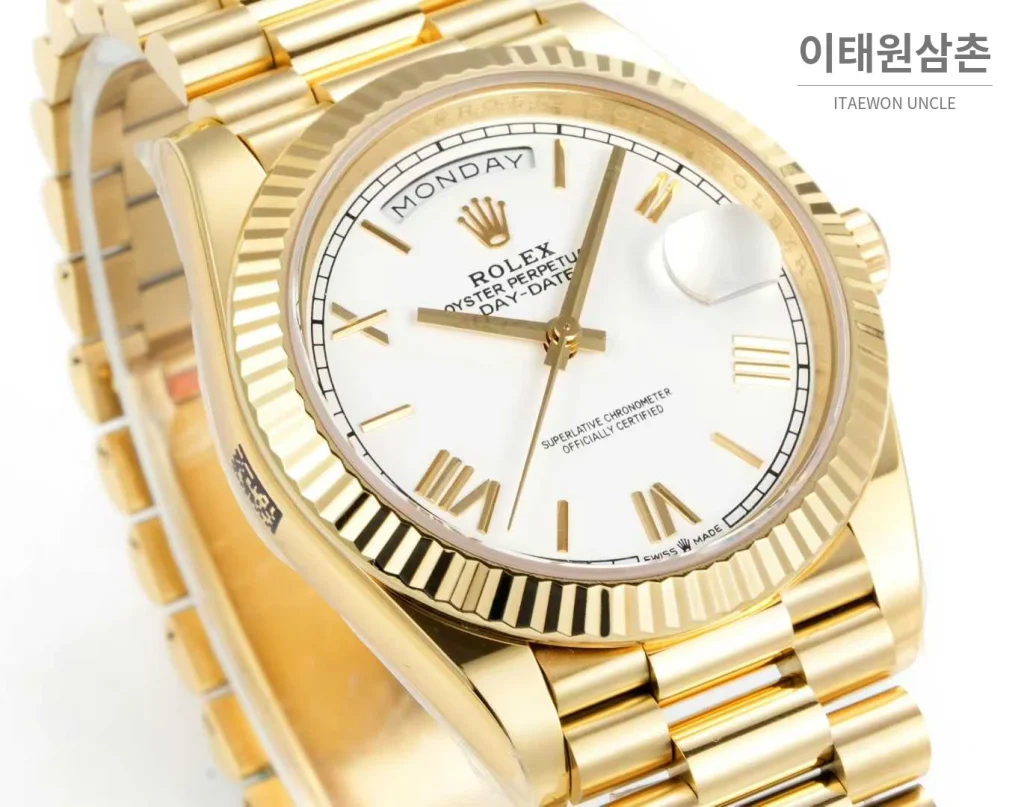 롤렉스 데이데이트 스틸 골드톤 프레지던트 브레이슬릿 데이데이트 오토매틱 40mm 화이트 다이얼
