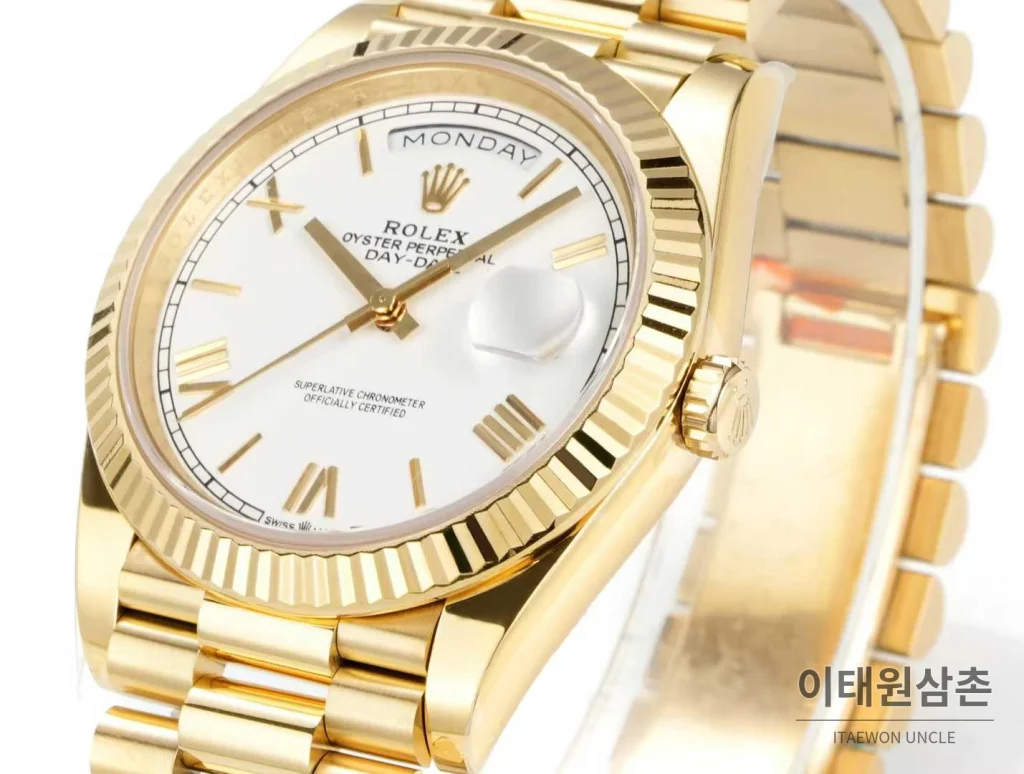 롤렉스 데이데이트 스틸 골드톤 프레지던트 브레이슬릿 데이데이트 오토매틱 40mm 화이트 다이얼