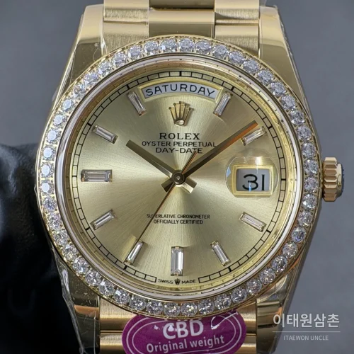 롤렉스 데이데이트 옐로우 바게트다이얼 라운드다이아 베젤 오토매틱