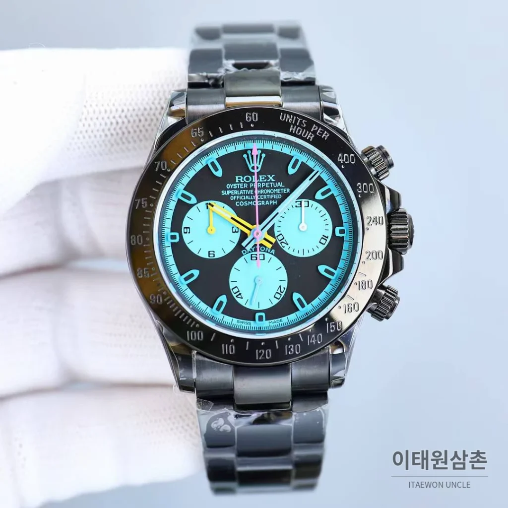 롤렉스 데이토나 904L스틸 올블랙 PVD 크로노그래프 오토매틱 40mm 아이스블루 다이얼