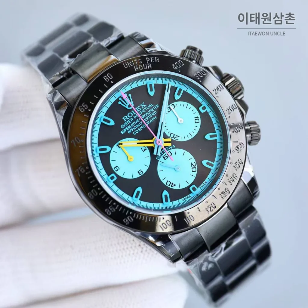 롤렉스 데이토나 904L스틸 올블랙 PVD 크로노그래프 오토매틱 40mm 아이스블루 다이얼