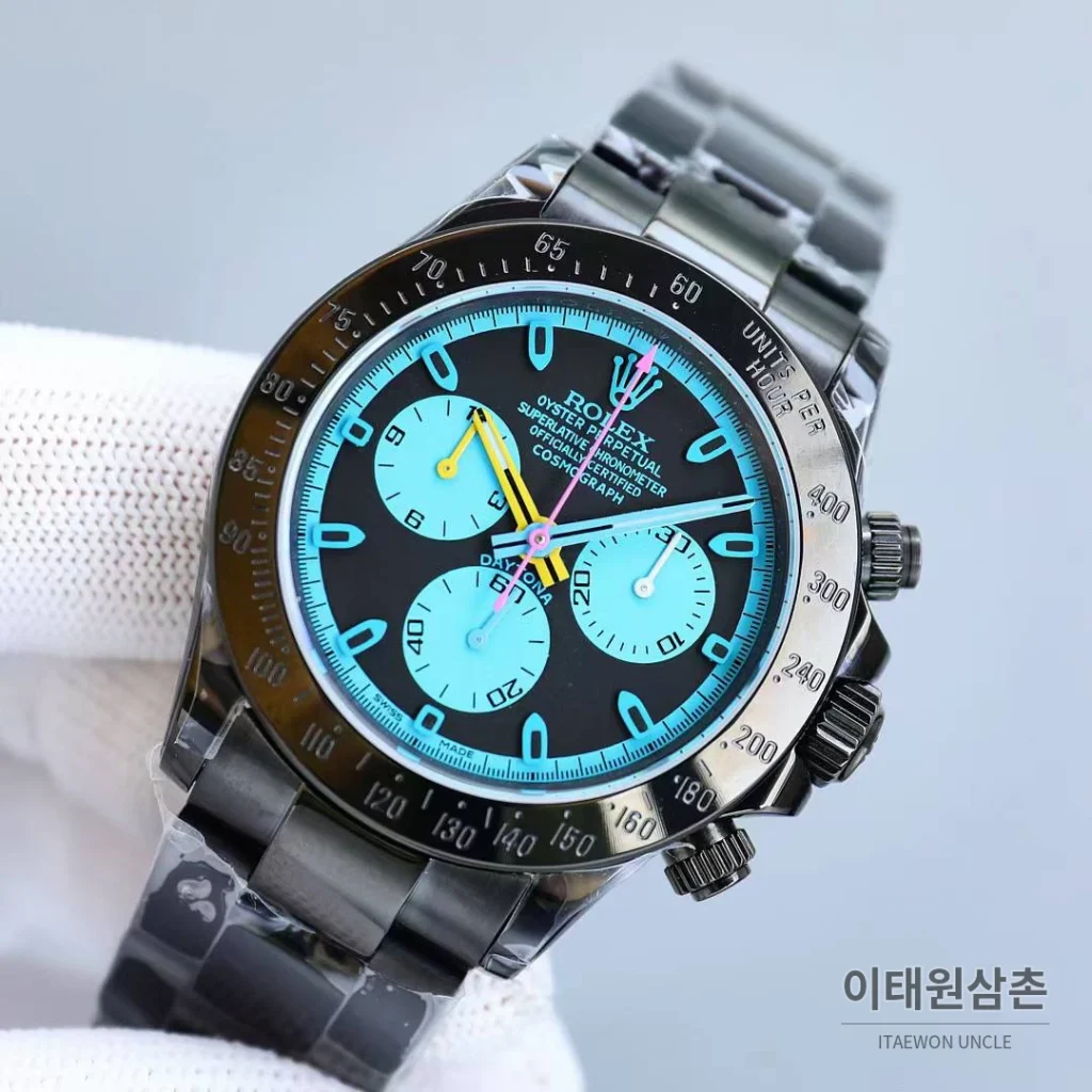롤렉스 데이토나 904L스틸 올블랙 PVD 크로노그래프 오토매틱 40mm 아이스블루 다이얼