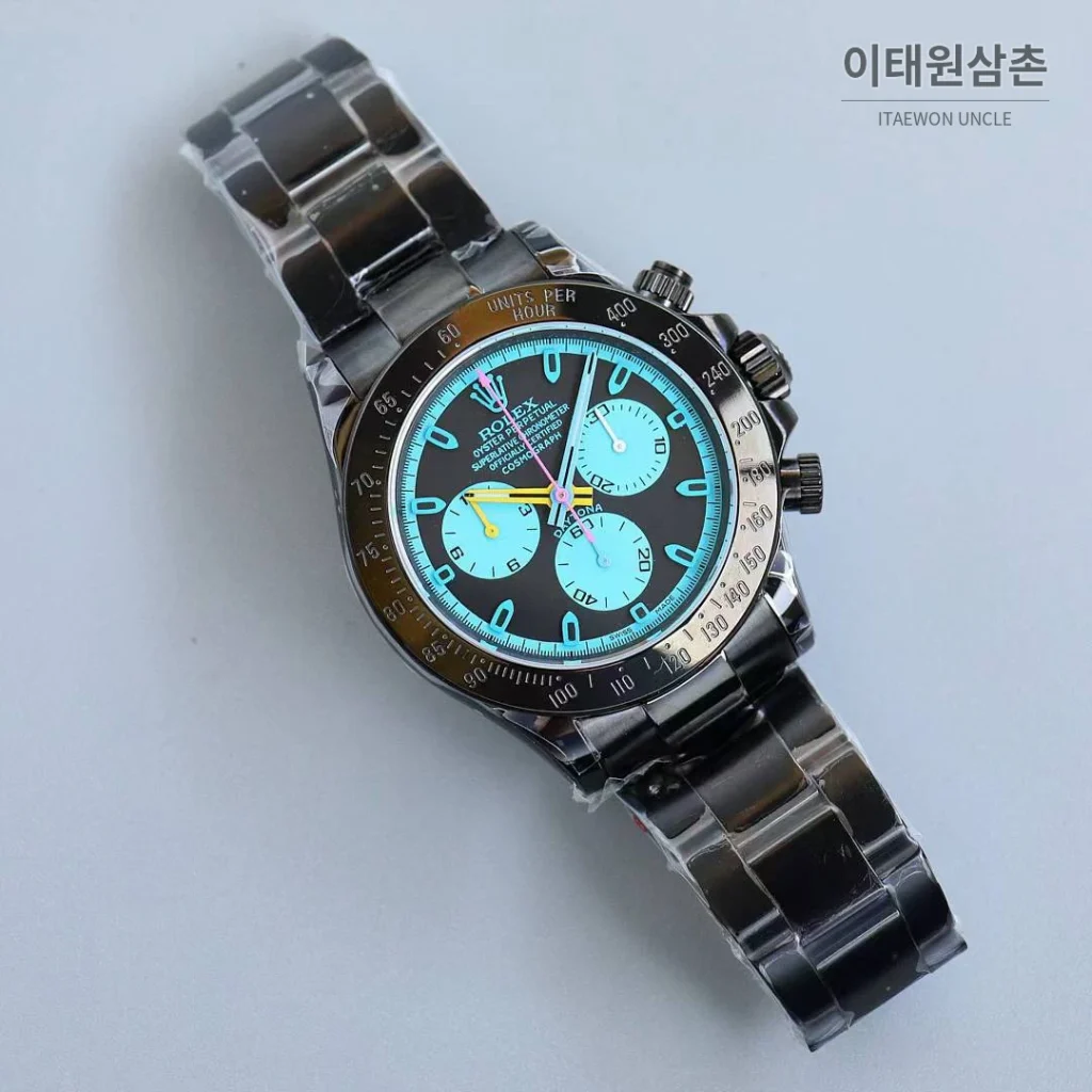 롤렉스 데이토나 904L스틸 올블랙 PVD 크로노그래프 오토매틱 40mm 아이스블루 다이얼