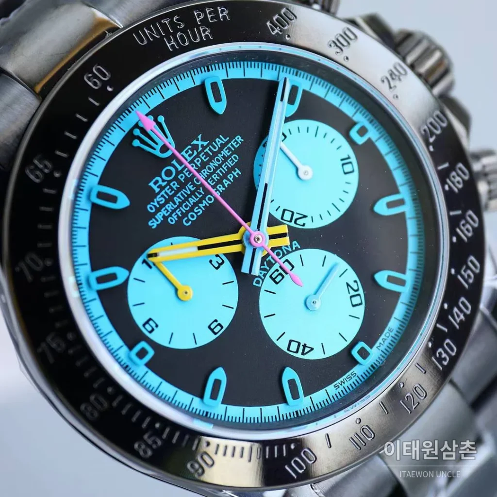 롤렉스 데이토나 904L스틸 올블랙 PVD 크로노그래프 오토매틱 40mm 아이스블루 다이얼