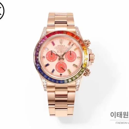 롤렉스 데이토나 904L스틸 블랙다이얼 레인보우베젤 크로노그래프 오토매틱 40mm 롤렉스 데이토나 904L스틸 블랙다이얼 레인보우베젤 크로노그래프 오토매틱 40mm 로즈골드 브레이슬릿