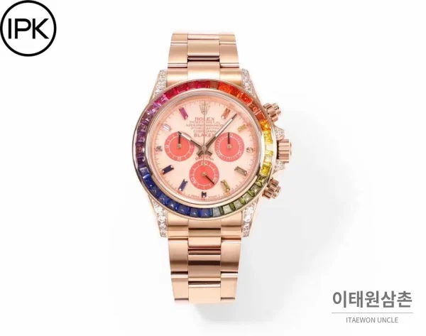 롤렉스 데이토나 904L스틸 블랙다이얼 레인보우베젤 크로노그래프 오토매틱 40mm 로즈골드 브레이슬릿