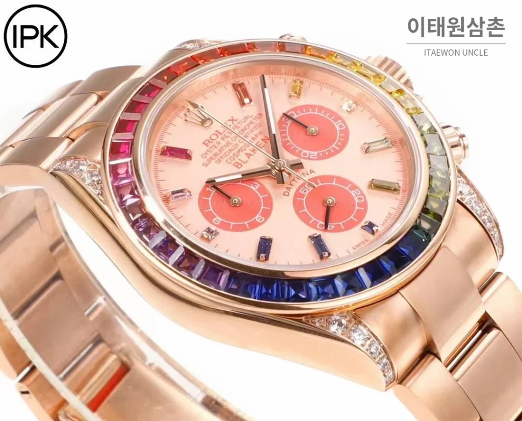 롤렉스 데이토나 904L스틸 블랙다이얼 레인보우베젤 크로노그래프 오토매틱 40mm 로즈골드 브레이슬릿