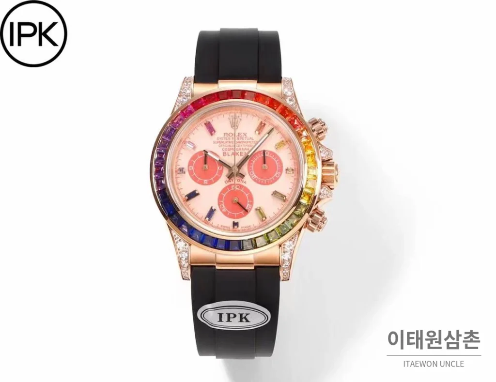 롤렉스 데이토나 904L스틸 블랙다이얼 레인보우베젤 크로노그래프 오토매틱 40mm 블랙 러버 스트랩