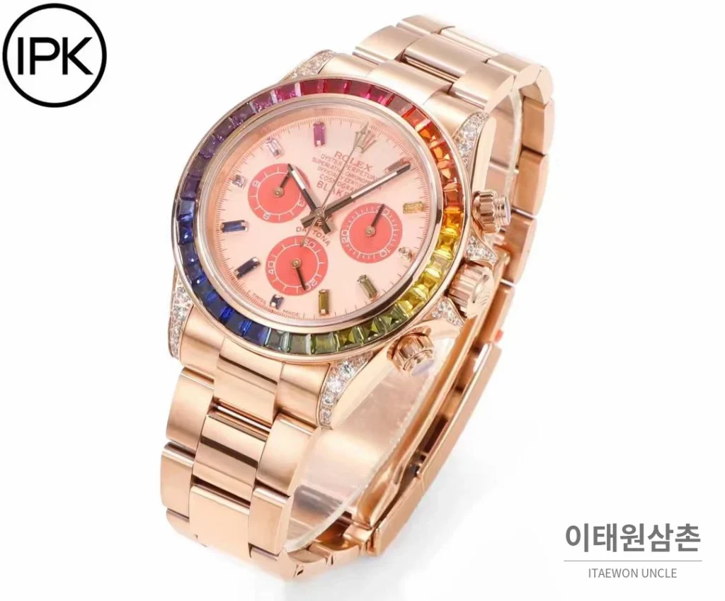 롤렉스 데이토나 904L스틸 블랙다이얼 레인보우베젤 크로노그래프 오토매틱 40mm 로즈골드 브레이슬릿