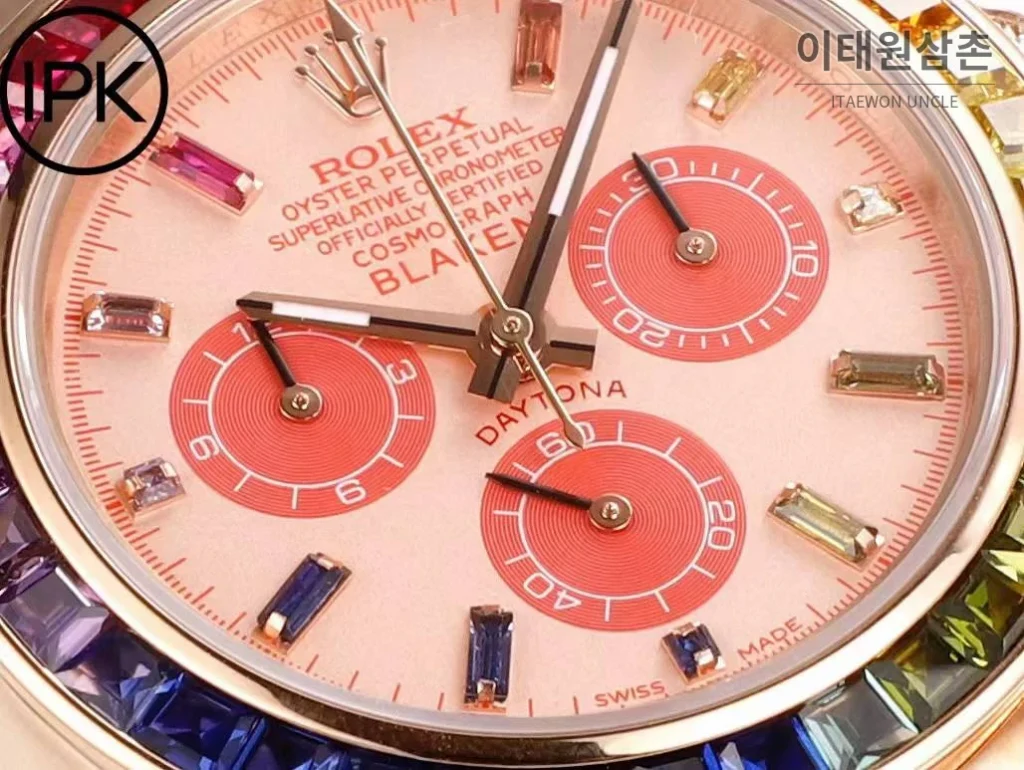 롤렉스 데이토나 904L스틸 블랙다이얼 레인보우베젤 크로노그래프 오토매틱 40mm 로즈골드 브레이슬릿
