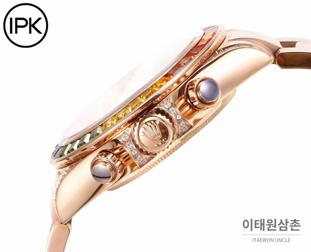 롤렉스 데이토나 904L스틸 블랙다이얼 레인보우베젤 크로노그래프 오토매틱 40mm 로즈골드 브레이슬릿