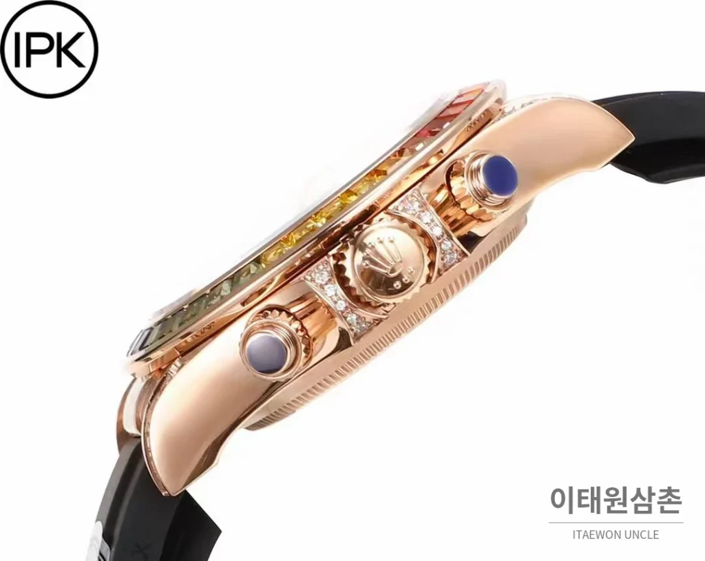 롤렉스 데이토나 904L스틸 블랙다이얼 레인보우베젤 크로노그래프 오토매틱 40mm 블랙 러버 스트랩