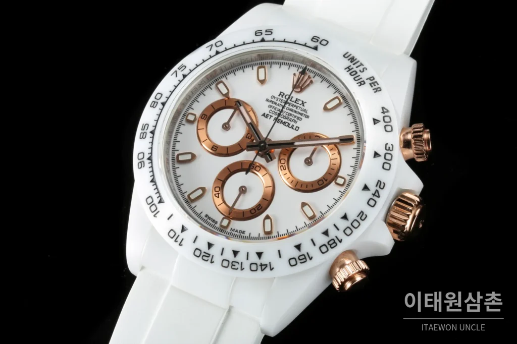 롤렉스 데이토나 AET 커스텀 블랙 세라믹 크로노그래프 오토매틱 40mm 화이트 다이얼