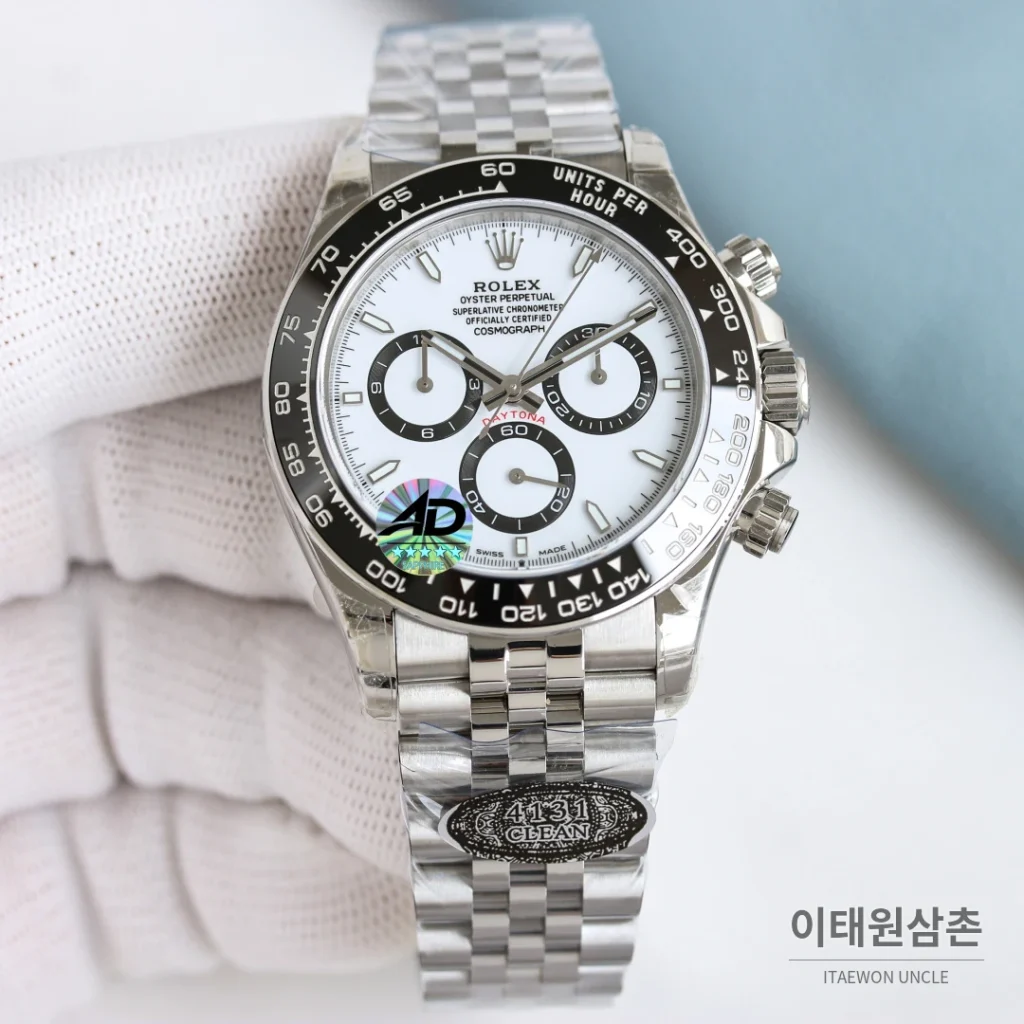 롤렉스 데이토나 크로노그래프 오토매틱 화이트 다이얼 스틸 브레이슬릿 블랙 베젤