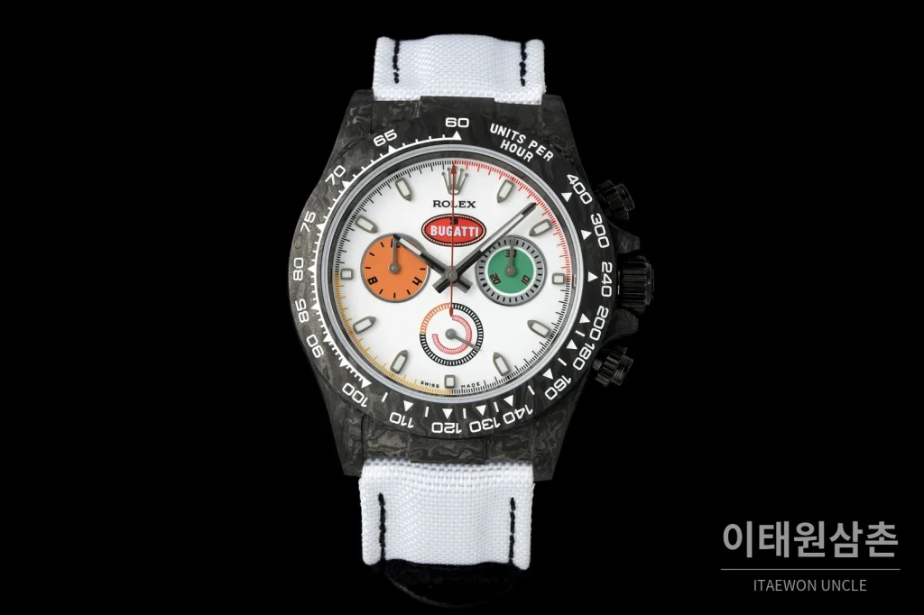 롤렉스 데이토나 크로노그래프 오토매틱 40mm 화이트 다이얼 화이트 나일론 스트랩 블랙 베젤 카본 케이스 (2)