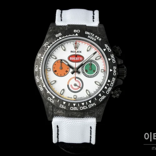 롤렉스 데이토나 크로노그래프 오토매틱 40mm 화이트 다이얼 화이트 나일론 스트랩 블랙 베젤 카본 케이스 (2)