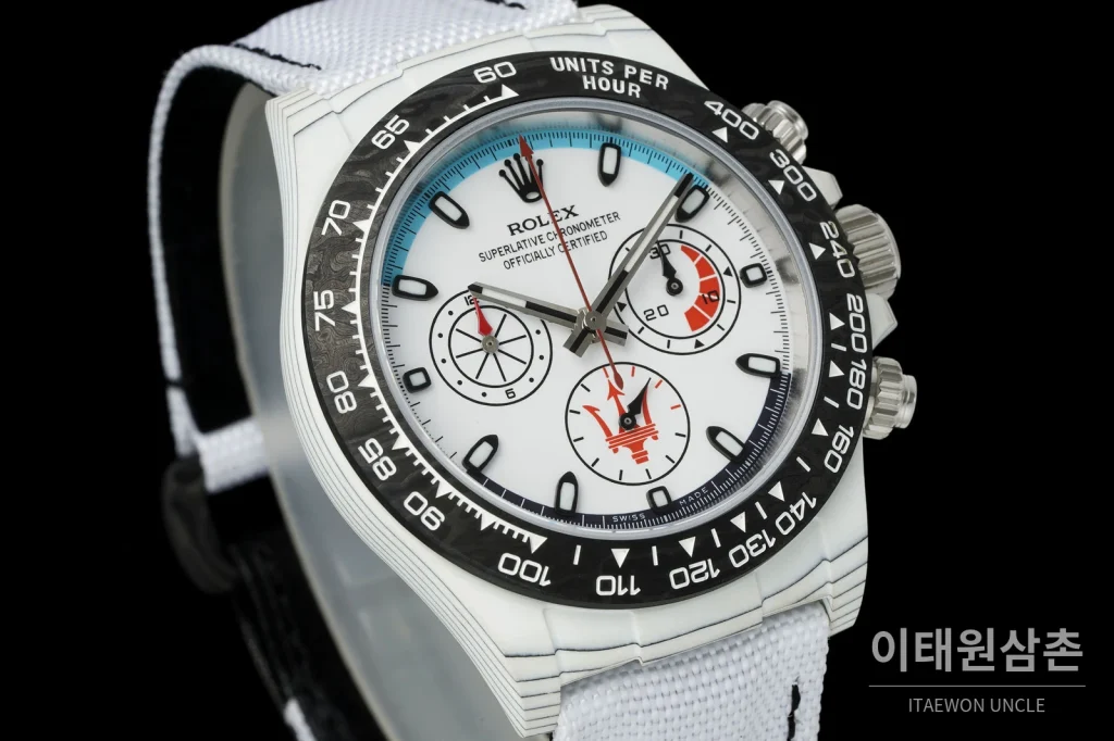 롤렉스 데이토나 크로노그래프 오토매틱 40mm 화이트 다이얼 화이트 나일론 스트랩 블랙 베젤 카본 케이스 (5)