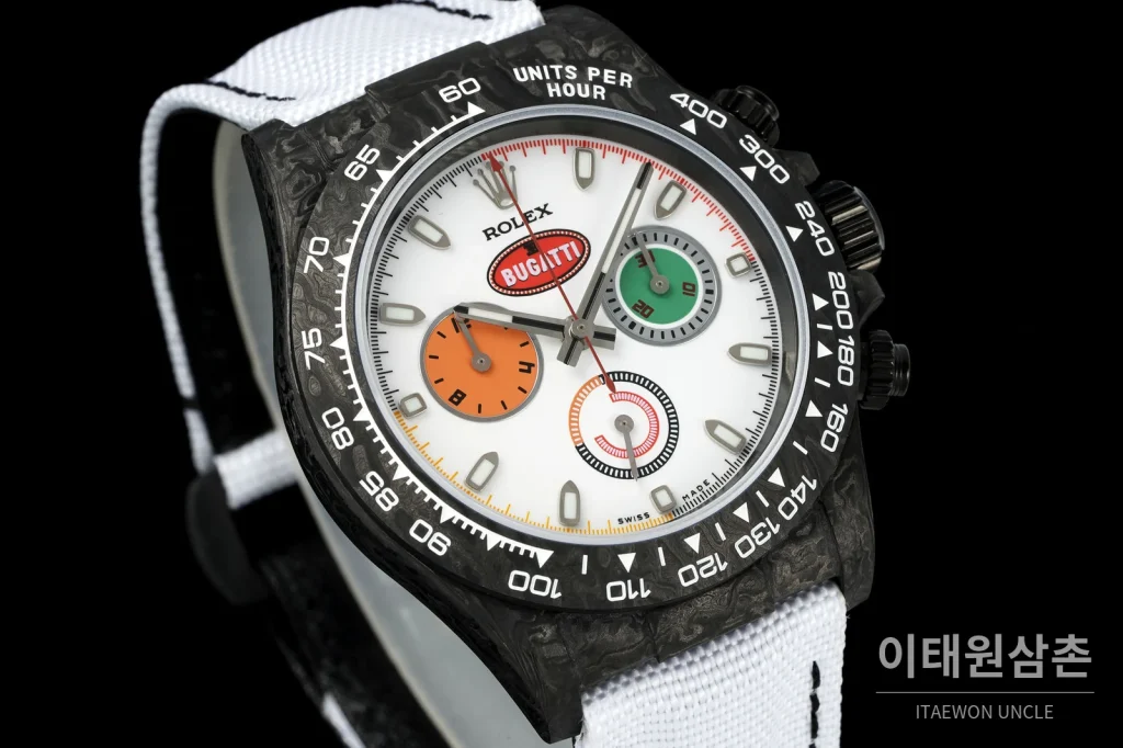 롤렉스 데이토나 크로노그래프 오토매틱 40mm 화이트 다이얼 화이트 나일론 스트랩 블랙 베젤 카본 케이스 (2)