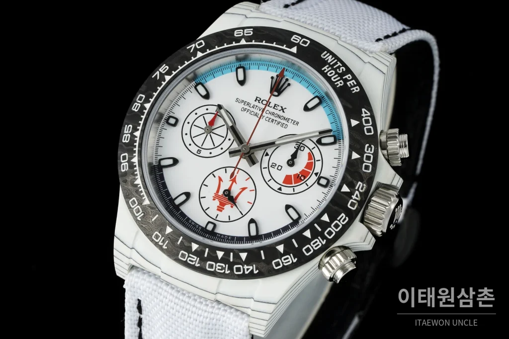 롤렉스 데이토나 크로노그래프 오토매틱 40mm 화이트 다이얼 화이트 나일론 스트랩 블랙 베젤 카본 케이스 (5)