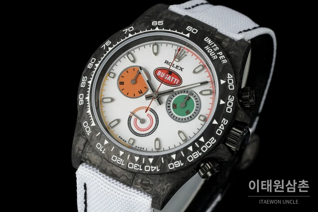롤렉스 데이토나 크로노그래프 오토매틱 40mm 화이트 다이얼 화이트 나일론 스트랩 블랙 베젤 카본 케이스 (2)