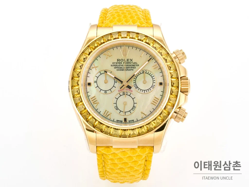 롤렉스 데이토나 비치데이토나 자개다이얼 크로노그래프 오토매틱 40mm 멀티 컬러 옐로우 가죽 스트랩