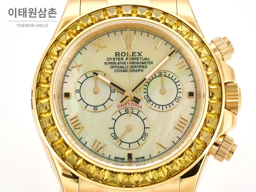 롤렉스 데이토나 비치데이토나 자개다이얼 크로노그래프 오토매틱 40mm 멀티 컬러 옐로우 가죽 스트랩