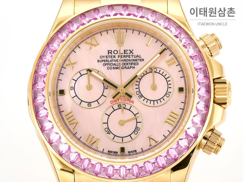 롤렉스 데이토나 비치데이토나 자개다이얼 크로노그래프 오토매틱 40mm 멀티 컬러 핑크 가죽 스트랩