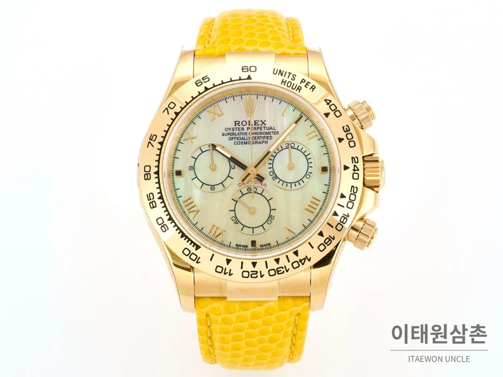 롤렉스 데이토나 비치데이토나 로마다이얼 자개판 크로노그래프 오토매틱 40mm 멀티 컬러 옐로우 가죽 스트랩