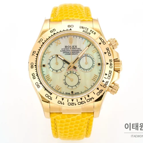 롤렉스 데이토나 비치데이토나 로마다이얼 자개판 크로노그래프 오토매틱 40mm 멀티 컬러 옐로우 가죽 스트랩 롤렉스 데이토나 비치데이토나 로마다이얼 자개판 크로노그래프 오토매틱 40mm 멀티 컬러 옐로우 가죽 스트랩