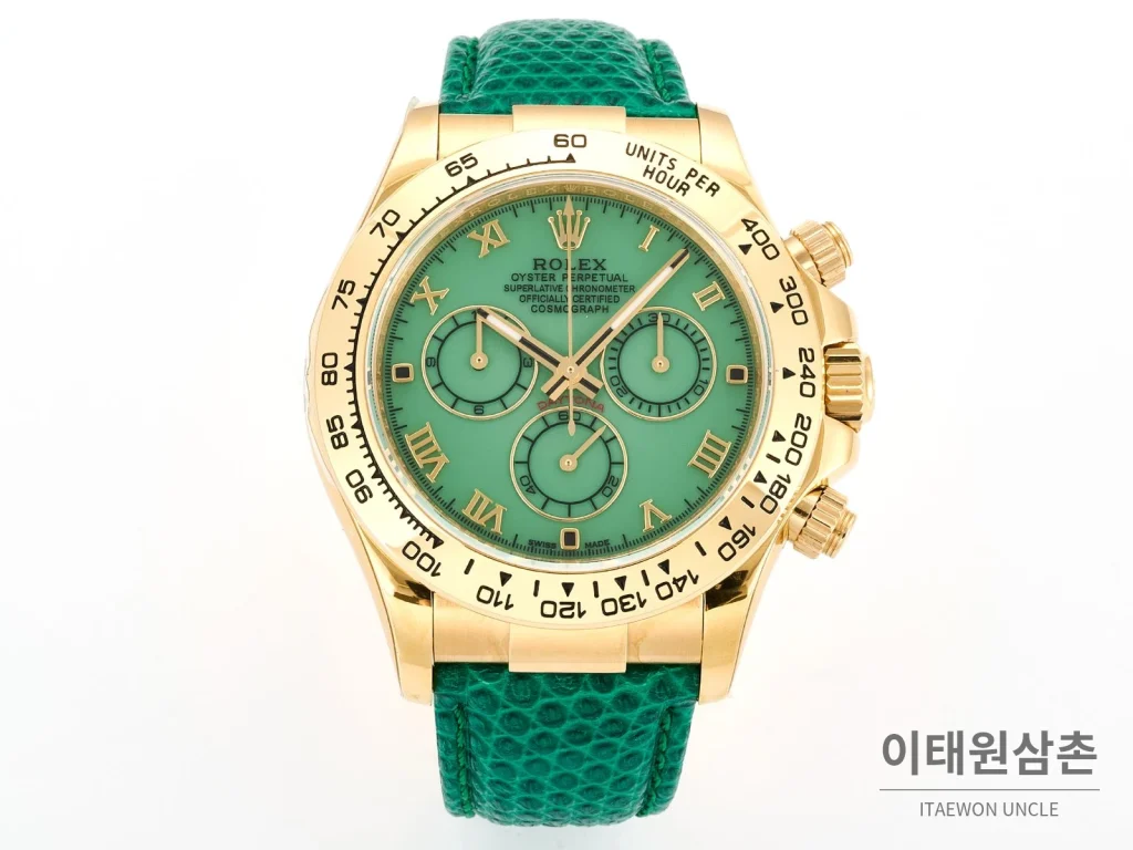 롤렉스 데이토나 비치데이토나 로마다이얼 자개판 크로노그래프 오토매틱 40mm 멀티 컬러 그린 가죽 스트랩
