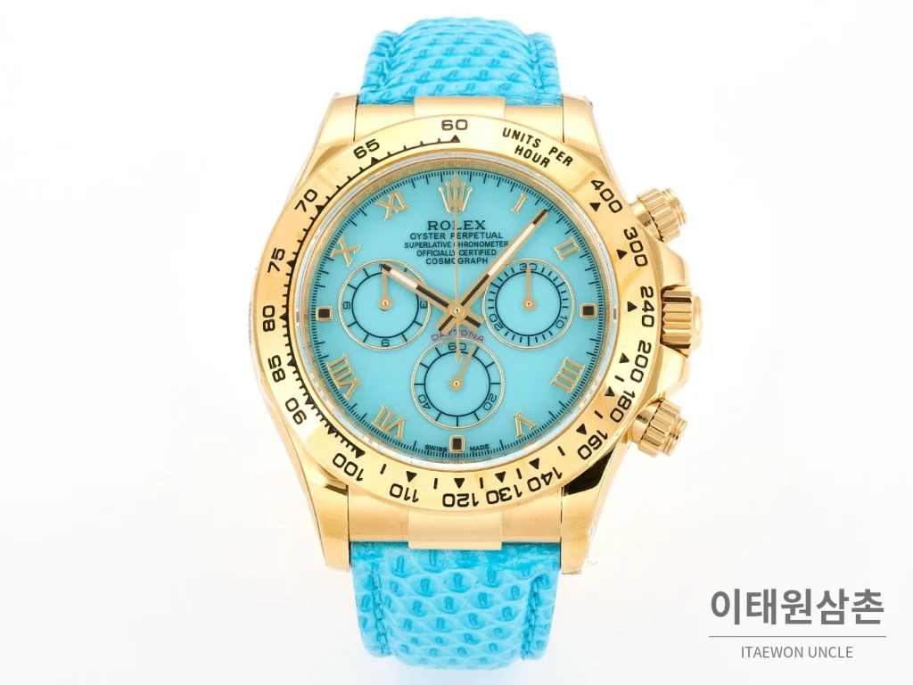 롤렉스 데이토나 비치데이토나 로마다이얼 자개판 크로노그래프 오토매틱 40mm 멀티 컬러 블루 가죽 스트랩