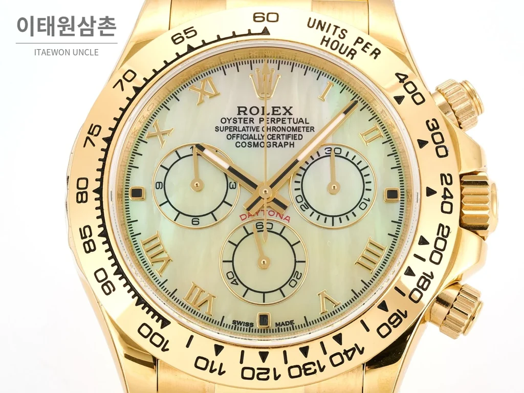 롤렉스 데이토나 비치데이토나 로마다이얼 자개판 크로노그래프 오토매틱 40mm 멀티 컬러 옐로우 가죽 스트랩