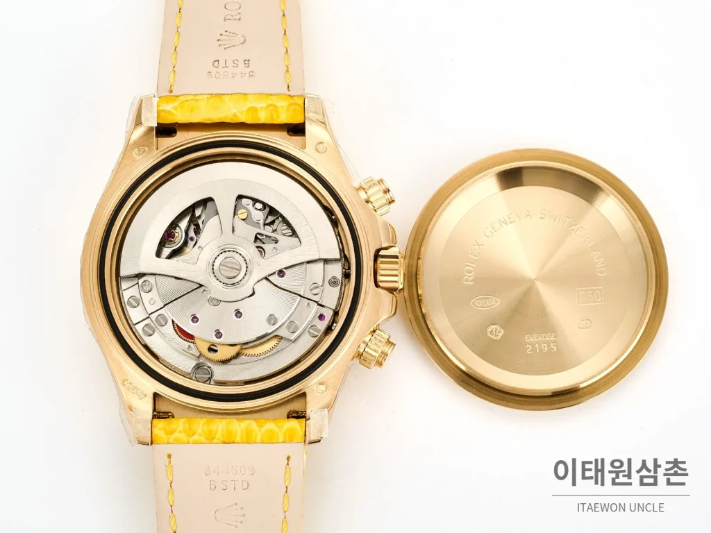 롤렉스 데이토나 비치데이토나 로마다이얼 자개판 크로노그래프 오토매틱 40mm 멀티 컬러 옐로우 가죽 스트랩