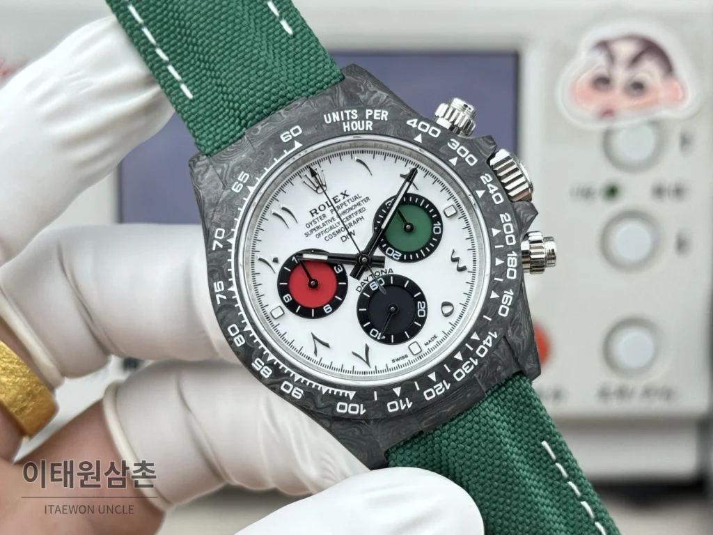 롤렉스 데이토나 카본파이버 크로노그래프 오토매틱 40mm 블랙 그린 나일론 스트랩