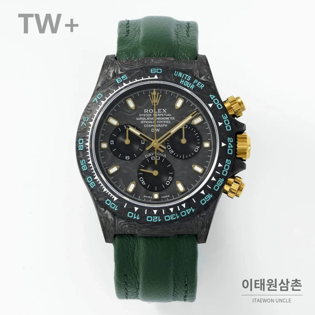 롤렉스 데이토나 카본 파이버 야광 케이스 크로노그래프 오토매틱 40mm 카본 블랙 그린 가죽 스트랩 블랙 베젤