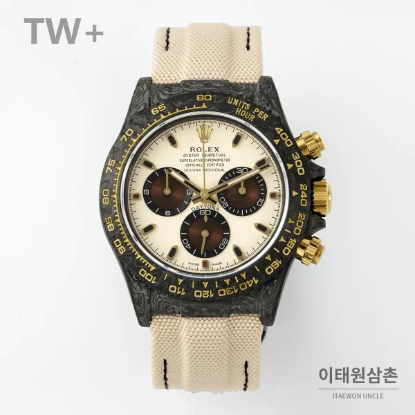 롤렉스 데이토나 카본 파이버 야광 케이스 크로노그래프 오토매틱 40mm 카본 블랙 샴페인 나일론 스트랩 블랙 베젤
