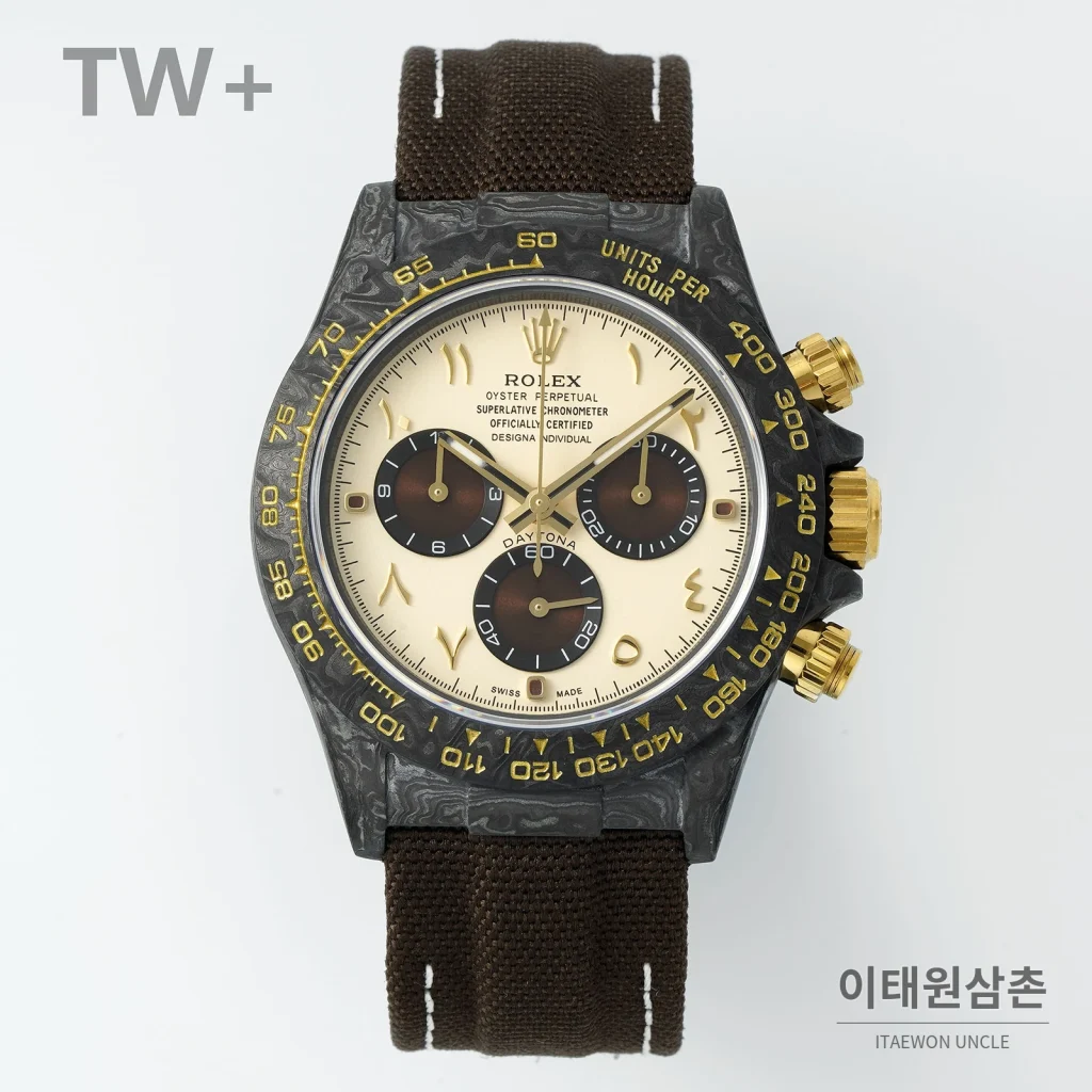 롤렉스 데이토나 카본 파이버 야광 케이스 크로노그래프 오토매틱 40mm 카본 블랙 브라운 나일론 스트랩 블랙 베젤