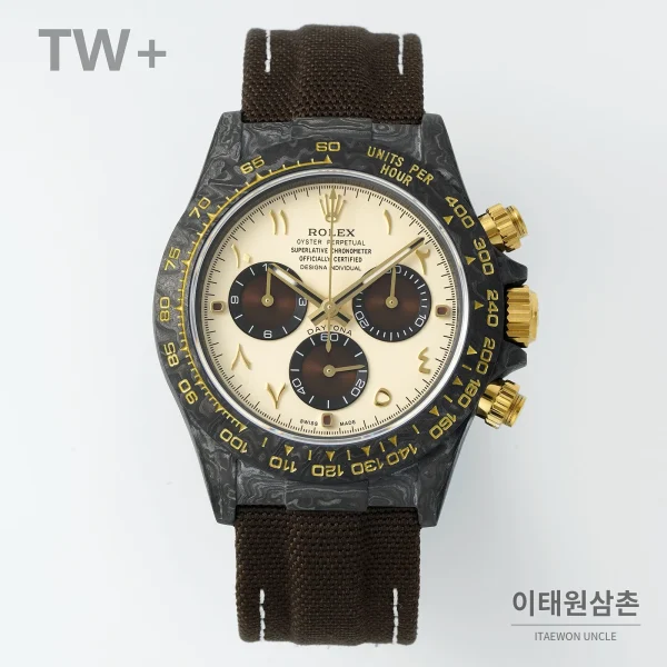 롤렉스 데이토나 카본 파이버 야광 케이스 크로노그래프 오토매틱 40mm 카본 블랙 브라운 나일론 스트랩 블랙 베젤