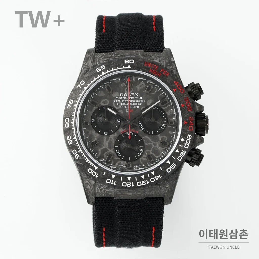 롤렉스 데이토나 카본 파이버 야광 케이스 크로노그래프 오토매틱 40mm 카본 블랙 블랙 나일론 스트랩 그레이 베젤