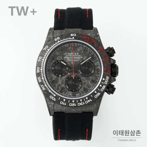 롤렉스 데이토나 카본 파이버 야광 케이스 크로노그래프 오토매틱 40mm 카본 블랙 블랙 나일론 스트랩 그레이 베젤
