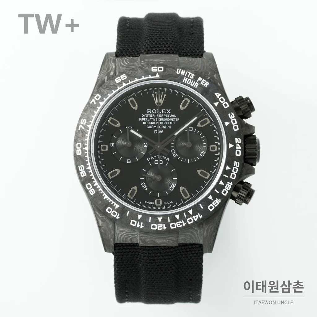 롤렉스 데이토나 카본 파이버 야광 케이스 크로노그래프 오토매틱 40mm 카본 블랙 블랙 나일론 스트랩 그레이 베젤 (2)