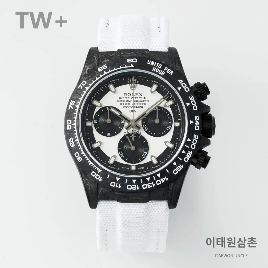 롤렉스 데이토나 카본 파이버 야광 케이스 크로노그래프 오토매틱 40mm 카본 블랙 화이트 나일론 스트랩 블랙 베젤