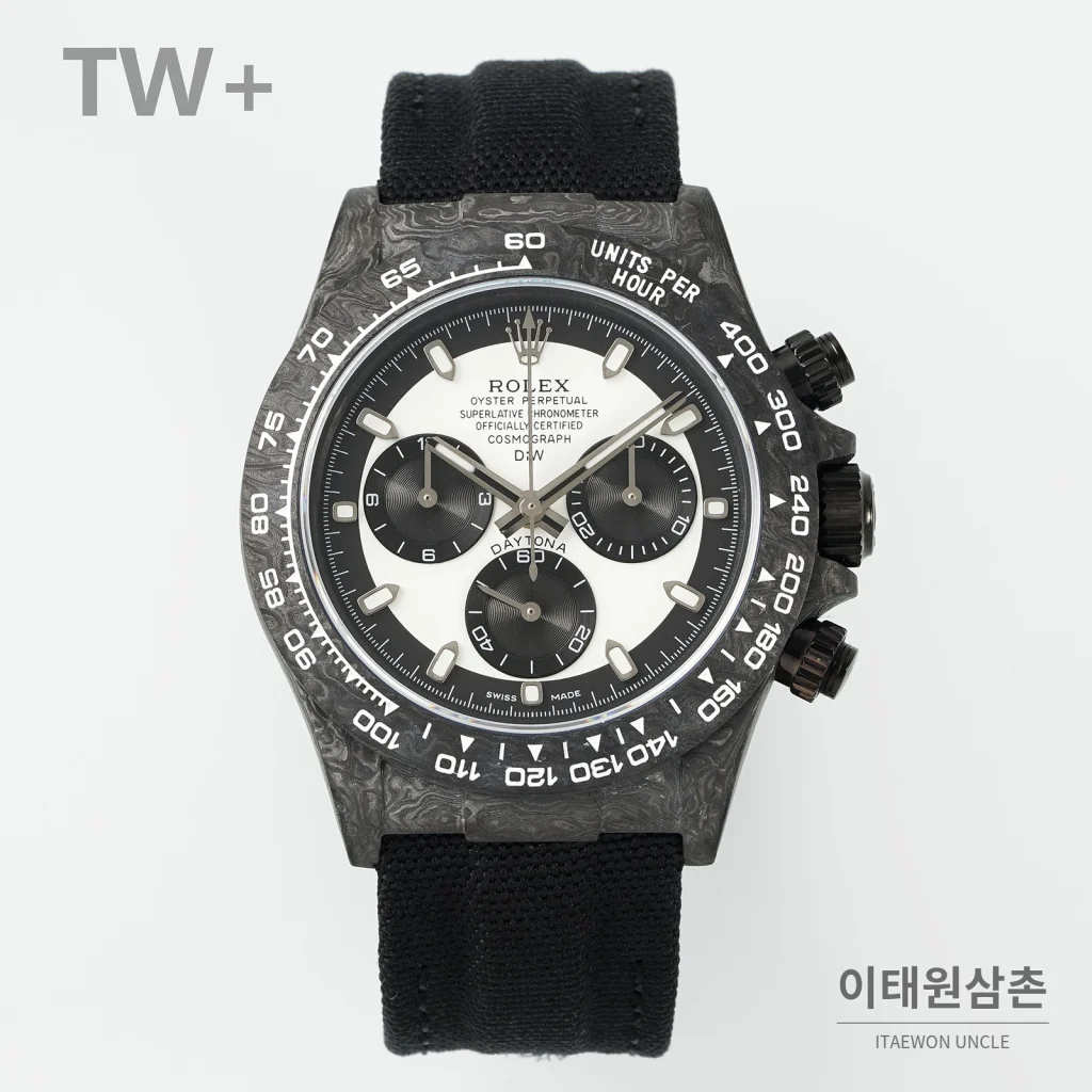 롤렉스 데이토나 카본 파이버 야광 케이스 크로노그래프 오토매틱 40mm 카본 블랙 블랙 나일론 스트랩 블랙 베젤
