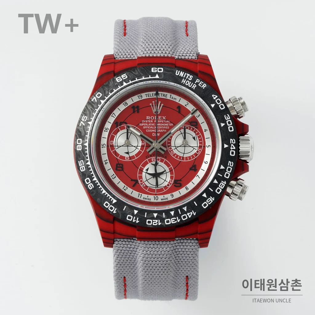 롤렉스 데이토나 카본 파이버 야광 케이스 크로노그래프 오토매틱 40mm 카본 블랙 그레이 나일론 스트랩 블랙 베젤